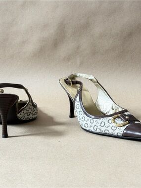 Calvin Klein Cream & Brown Slingback Heels with Gold Buckle relined.